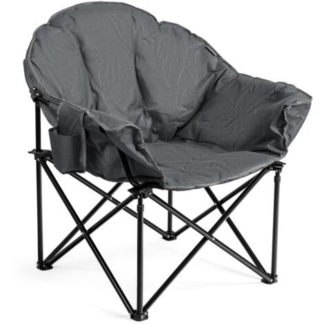 Sedia pieghevole da campeggio, Sedia rotonda con cuscino porta bicchiere e borsa di trasporto, Grigio (1/5)