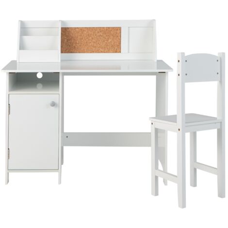 Set di scrivania e sedia per bambini in legno con scaffale armadietto bacheca, Postazione di scrittura Bianco (1/5)