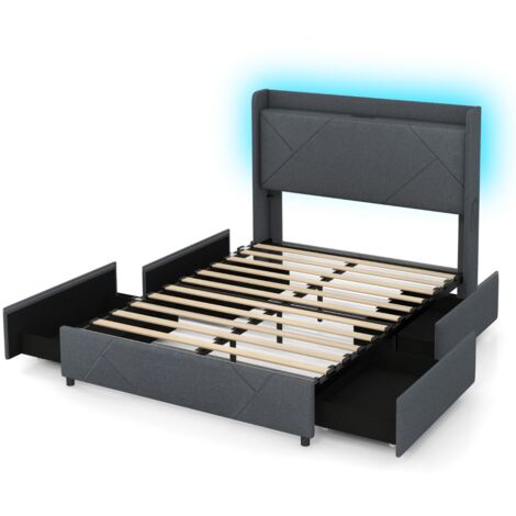 Struttura letto luci LED imbottito stazione ricarica 2 tasche 4 cassetti scorrevoli grigio (1/5)