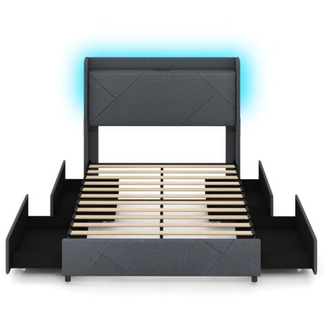 Struttura letto luci LED imbottito stazione ricarica 2 tasche 4 cassetti scorrevoli grigio (1/5)