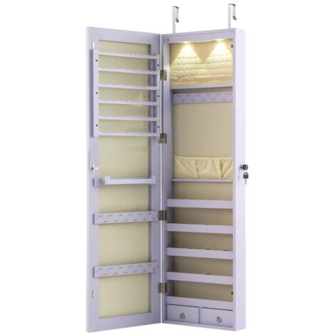 Armadio portagioie con specchio in legno a parete con LED interno 35,5x10x120cm Viola (1/5)
