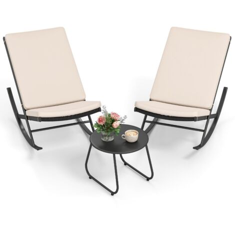 Set sedie a dondolo da 3 pezzi in rattan PE con tavolino da caffè e cuscini spessi, Set di mobili da giardino Beige (1/5)