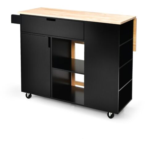 Carrello su ruote bloccabili con piano in legno di gomma cassetto Isola da cucina a foglia a goccia Nero