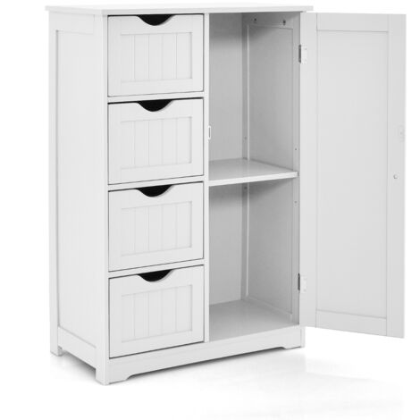 Mobiletto per bagno con 4 cassetti 1 anta ripiano regolabile, Mobile multiuso da terra in legno 56x30x82cm Bianco (1/5)