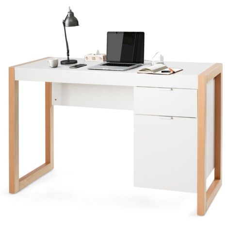 Scrivania moderna per computer con armadietto e cassetto per casa e ufficio, Postazione di lavoro elegante Bianco