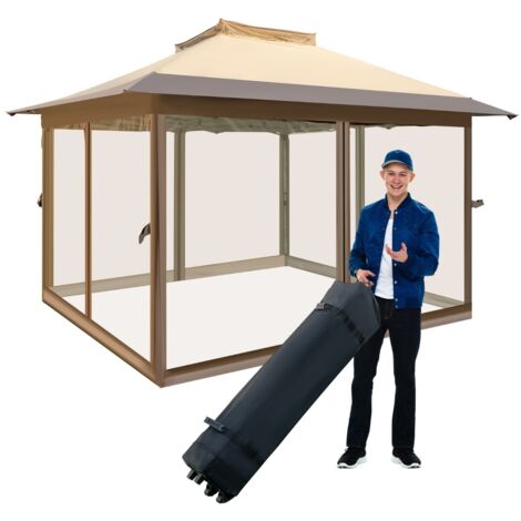Gazebo pop-up 358x358cm con rete laterale a 4 lati cima ventilata borsa da trasporto, Tenda gazebo istantanea Marrone