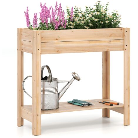 Letto da giardino rialzato in legno con gambe per fiori erbe, Fioriera elevata con mensola di stoccaggio Naturale (1/5)