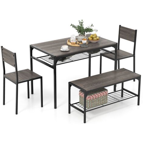 Set da pranzo 4 pezzi con telaio in metallo ripiano portaoggetti, Tavolo da pranzo con 2 sedie panca per 4 persone Grigio scuro (1/5)