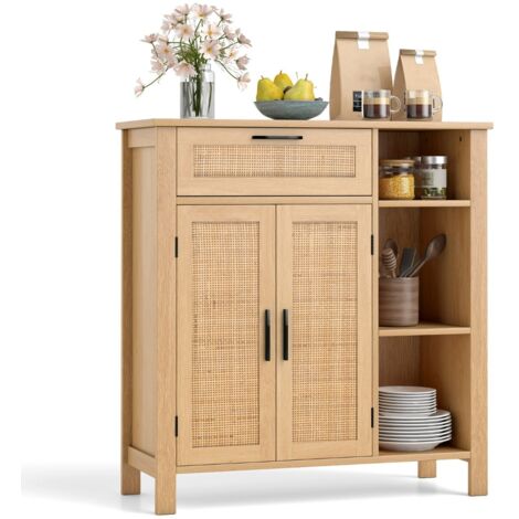 Credenza buffet con ante intrecciate in rattan per cucina, Mobiletto con cassetto e mensola regolabile Naturale