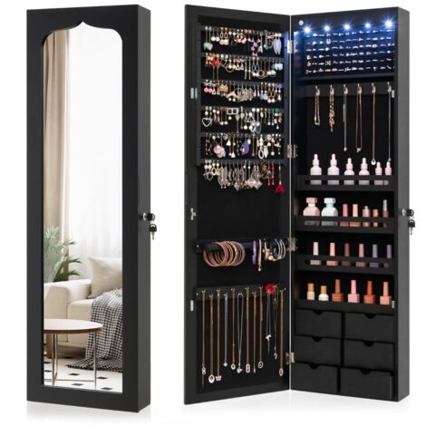 Armadio portagioie specchio 6 cassetti legno Armadietto portagioielli porta 5 luci LED Nero