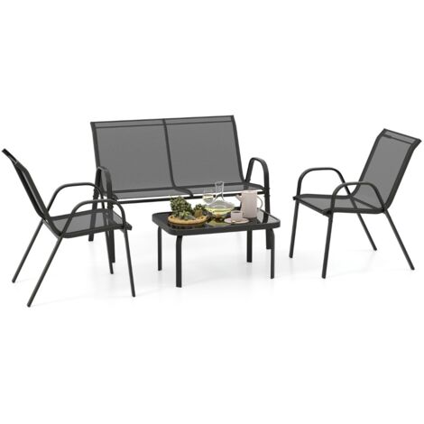 Set da 4 pezzi di mobili per esterni con tavolino in vetro temperato, Set da conversazione all'aperto Grigio (1/5)