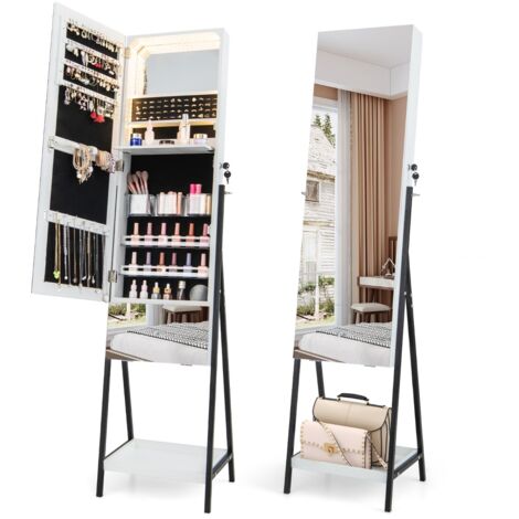 Armadio portagioie specchio lungo senza cornice luci LED 3 colori ripiano pieghevole Armadietto gioielli Bianco (1/5)