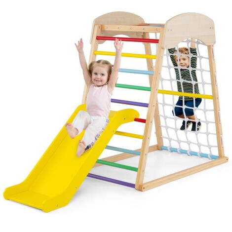 Set gioco da arrampicata in legno con ancoraggi al pavimento, Parco giochi con rampicata a doppia faccia Colorato (1/5)