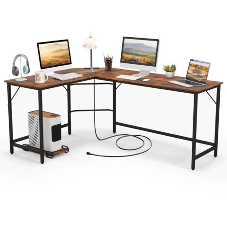 Scrivania angolare L con presa corrente supporto CPU telaio metallo 168cm Marrone