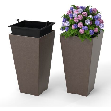 Vasi da fiori auto-irriganti da 57 cm con secchio interno rimovibile e fori di drenaggio Set di 2 vasi quadrati ed esterno per casa Marrone