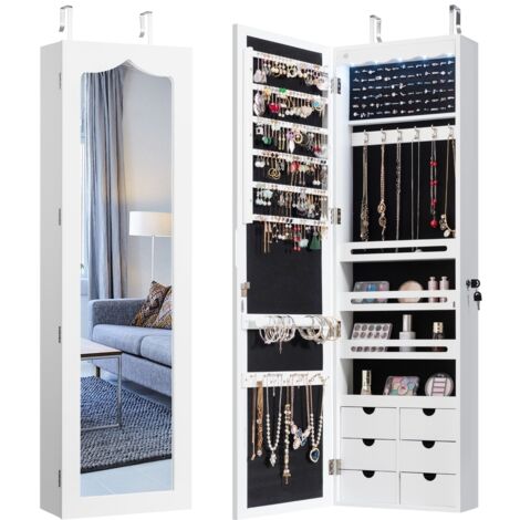 Armadio portagioie specchio 6 cassetti legno Armadietto portagioielli porta 5 luci LED 36,5x11,5x120cm Bianco