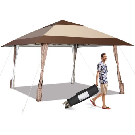 Gazebo da patio 3x3M portatile con ruote e UPF 50+, Tettoia pop-up impermeabile per eventi in cortile Beige (1/5)