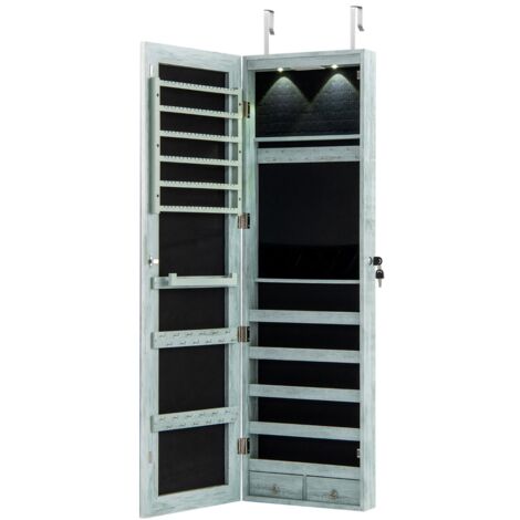 Armadio portagioie con specchio in legno a parete con LED interno 35,5x10x120cm Blu chiaro (1/5)