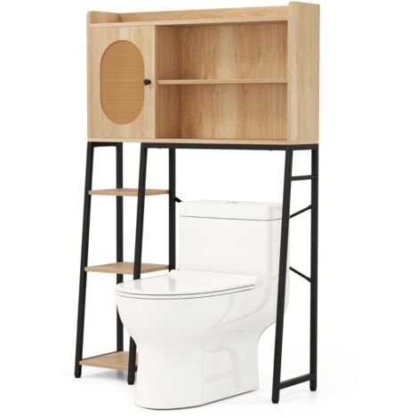 Mobile sopra il WC con porta in rattan ripiani di stoccaggio aperti, Organizzatore per bagno in metallo Naturale