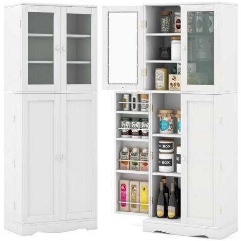 Credenza Mobile dispensa da cucina alto 161,5cm con ante in vetro ripiani di stoccaggio, Armadio dispensa per alimenti Bianco