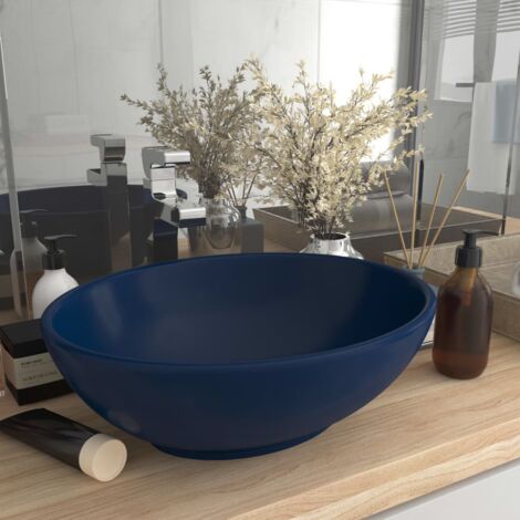 Lavabo Ovale In Ceramica Blu Scuro Opaco 40x33 Cm - Lavabo Da Appoggio Per Bagno Di Lusso