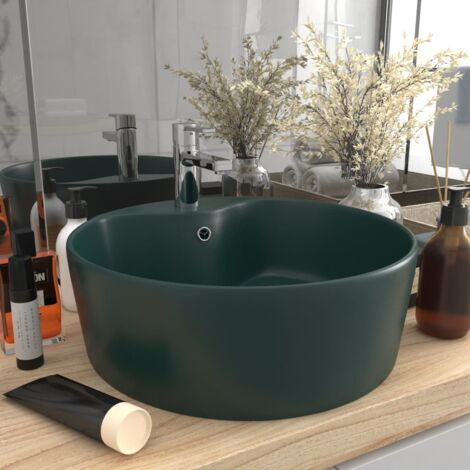Bonnevie - lavabo da appoggio - lavandino bagno con troppopieno Verde scuro opaco 36x13cm in ceramica BV976697