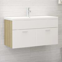 Mobile Sottolavabo, Armadietto da Bagno, Mobiletto da Bagno moderno Bianco e Rovere 90x38,5x46 cm in Truciolato KWI9441 BonneVie