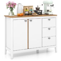 Credenza buffet con 2 porte e 3 cassetti estraibili, Mobile da cucina in legno con kit anti-ribaltamento Naturale Bianco