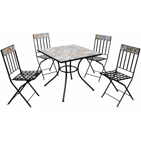 Garden Friend Salotto Maiolica Quadro Sicily ensemble en acier noir composé d'une table avec plateau carrelé et de quatre chaises avec plateau carrelé (1/2)