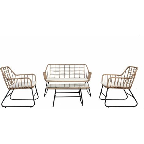 Ensemble de salon en acier et polirattan Garden Friend Cebu comprenant une table, un canapé et 2 fauteuils en noir, naturel et blanc (1/5)