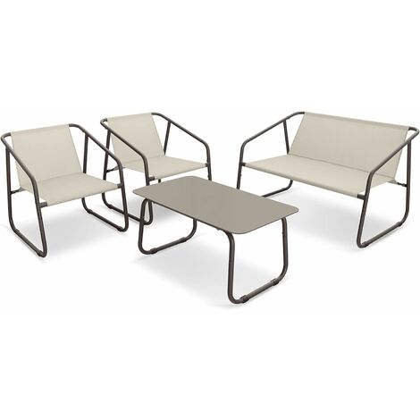 Garden Friend - Ensemble de salon en acier et textilène Nizza composé d'une table, d'un canapé et de deux fauteuils en brun et beige (1/2)