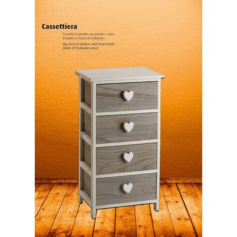 Commode blanche/grise avec boutons en forme de cœur, en bois de Paulownia