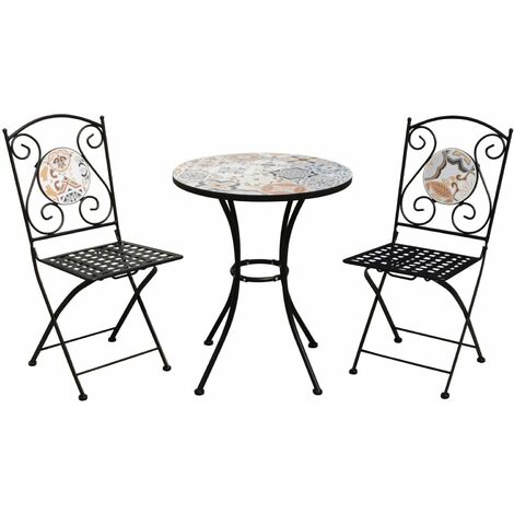 Garden Friend Salotto Maiolica Tondo Sicily ensemble en acier noir composé d'une table avec plateau carrelé et de deux chaises avec plateau carrelé (1/2)