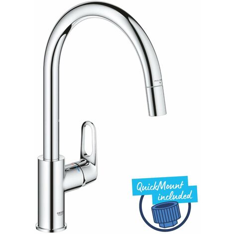 Grohe – Mitigeur de cuisine 30569000 monocommande avec bec haut en C – Finition chrome poli – Douchette extractible – Rotation 360° (1/6)