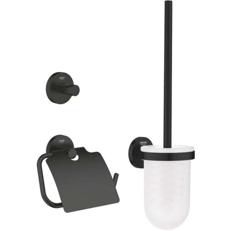 Grohe – Set d'accessoires de toilette 3 en 1 noir mat – Installation murale avec fixation cachée – Matériaux verre et métal – 412042430