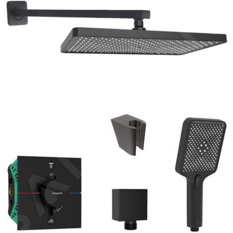 Colonne de douche thermostatique noir mat – Mitigeur encastré hansgrohe – Douche de tête 360x240mm – Douchette 3 jets – SANI21HKK403