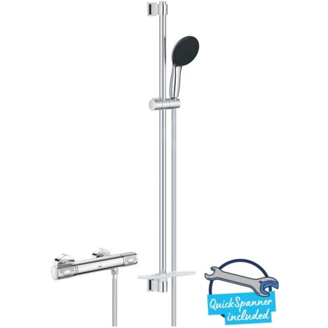 Grohe – Set de douche thermostatique 3 jets chrome – Mitigeur avec protection anti-brûlure – Flexible 1750mm – SKU 34853001 (1/5)