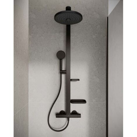 Ideal Standard – Colonne de douche thermostatique avec mitigeur noir satiné – Douchette effet pluie 260mm avec 2 jets – Flexible 1750mm – BD583XG