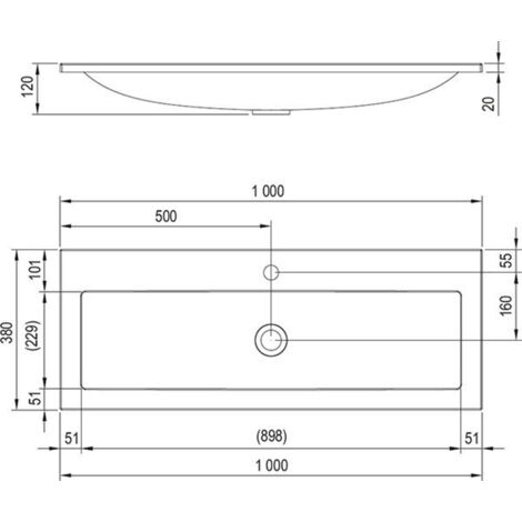 Ravak Clear - Lavabo 100x38 cm, sans trop-plein, avec trou pour robinet, blanc XJJ01110000