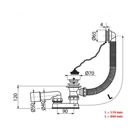 Alcadrain Garnitures de vidage - Kit de vidage pour baignoire 570 mm, avec trop-plein, chromé A501