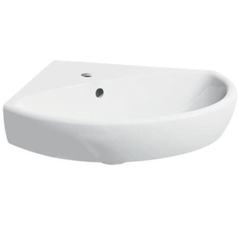 Geberit – Lave-main d’angle 590x560 mm – Céramique blanche – 1 trou de robinetterie – Trop-plein – Pour petites salles de bains