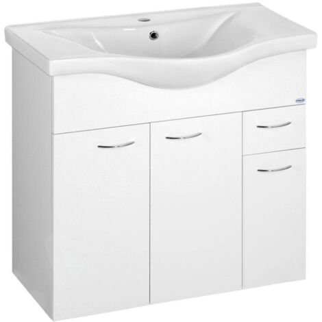 Meuble sous vasque simple 752x740x347 mm en MDF stratifié blanc – 3 portes et 2 tiroirs – Installation murale ou au sol – 50082A – Aqualine