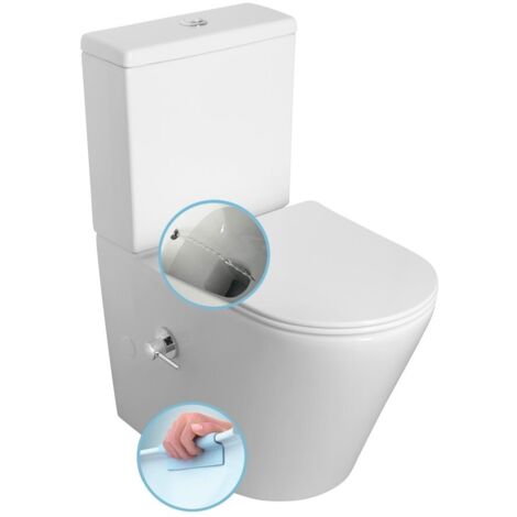 Sapho – WC à poser Rimless avec douchette de bidet – Évacuation VARIO – Céramique blanche – Dimensions 38x80x61 cm – PC1012RX