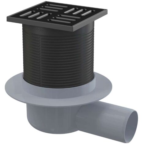 Alca - Siphon de sol latéral 11x11 cm, diamètre 5 cm, combiné avec un obturateur d'odeurs SMART, acier inoxydable noir mat/plastique APV31BLACK (1/2)