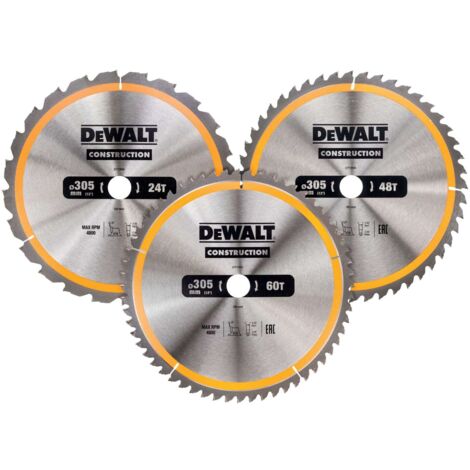 Dewalt – Set de 3 lames de scie circulaire 305 mm – Pour bois dur – Alésage 30 mm – 24/48/60 dents – Épaisseur 3 mm (1/4)