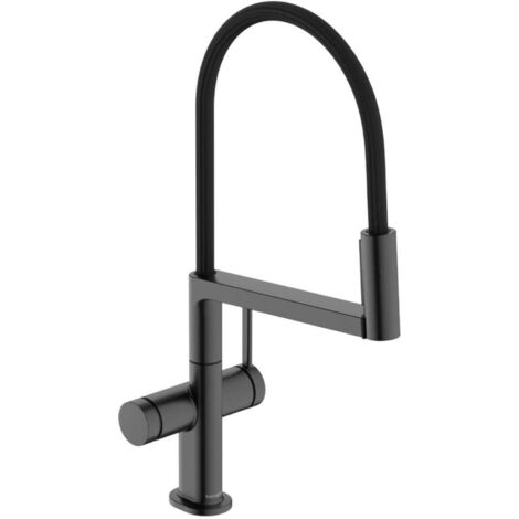 Hansgrohe – Mitigeur de cuisine avec bras flexible et douchette – 3 jets PowderSpray, EcoSmart, chrome noir brossé – 72861340