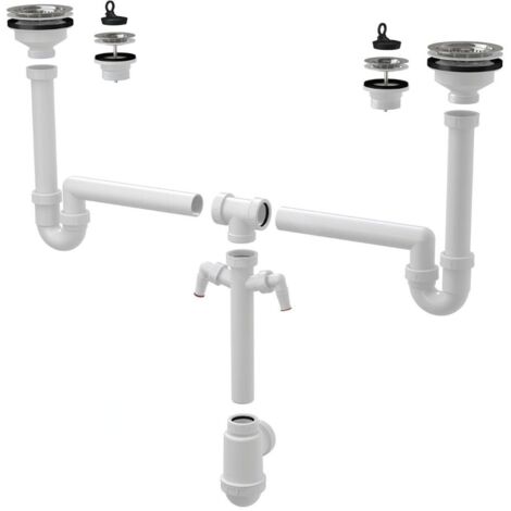 Alca - Siphon pour deux éviers, universel, avec 2 raccords, plastique A8000 (1/2)