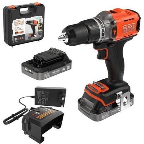 BLACK+DECKER Outillage - Perceuse à percussion sans fil 18V, 2 batteries Li-Ion 2,0 Ah, chargeur BCD383D2XK-QW (1/3)