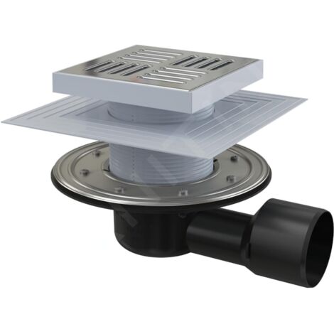 Alca - Siphon de sol latéral 15x15 cm, diamètre 5/8 cm, 2ème niveau d'isolation, arrêt de l'eau et des odeurs sèches, acier inoxydable/plastique APV3444 (1/3)