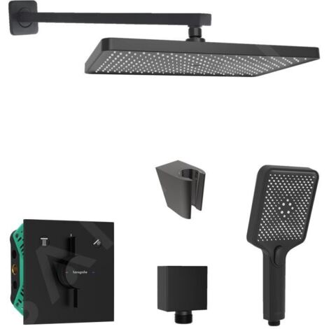 Set de douche encastré noir mat avec mitigeur hansgrohe DuoTurn E – Douche de tête 360x240mm 1 jet – Douchette 120x110mm 3 jets – SANI21HKK401